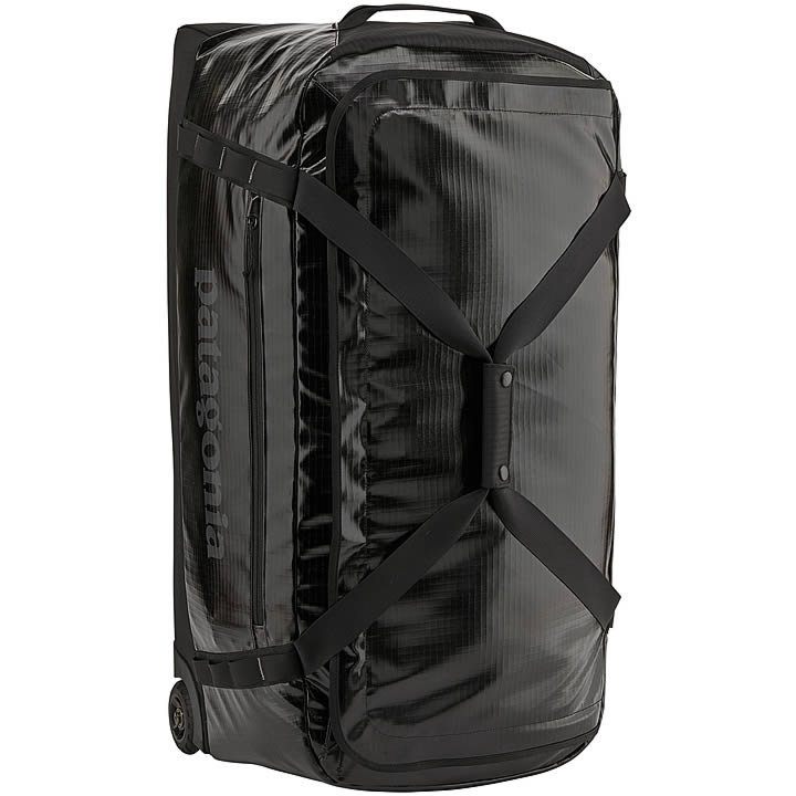 Patagonia Black Hole Wheeled Duffel 100L in black with shoulder strap and wheels