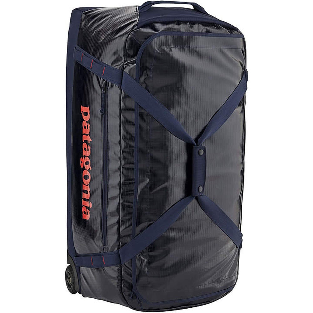 Patagonia Black Hole Wheeled Duffel 100L in black with navy blue straps