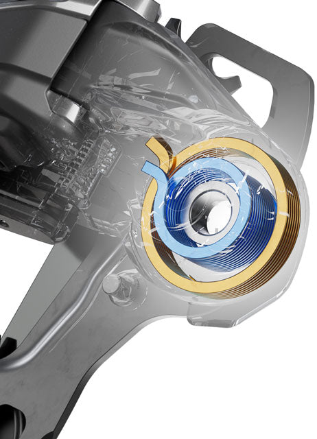 Shimano Deore XT Di2 rear derailleur cutaway view showing internal bearing and clutch mechanism