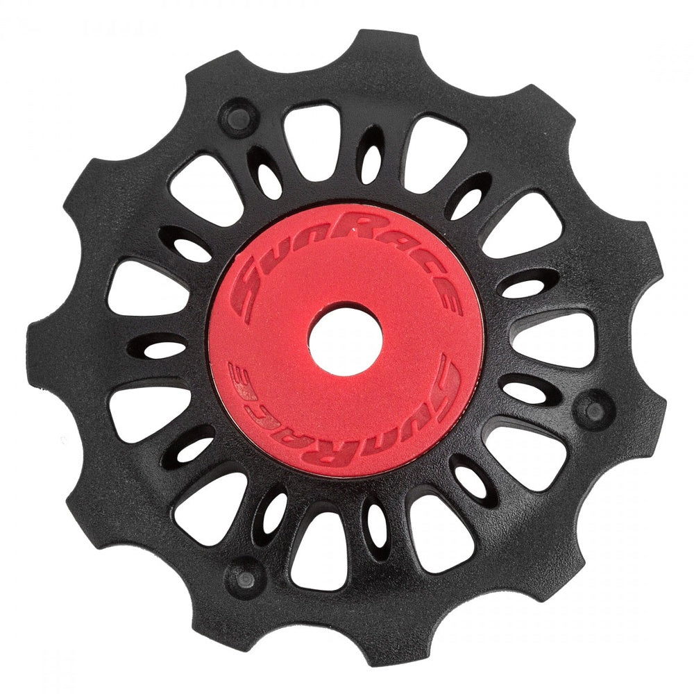 Sunrace SP856 11T derailleur pulley with black outer ring and red center bearing