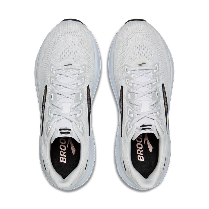 Brooks Ghost 18 running shoes in white with black and rose gold accents