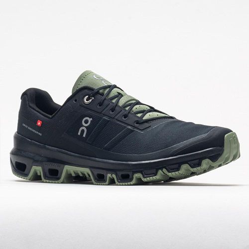 On Cloudventure running shoe in black with green sole and accents