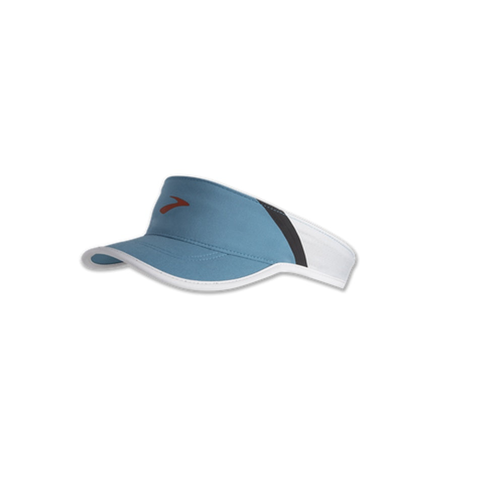 Brooks Base Visor in Storm Blue with white brim and dark accent stripe, side view