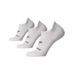 Three white Brooks Run-In no-show running socks with brand logos on clean background