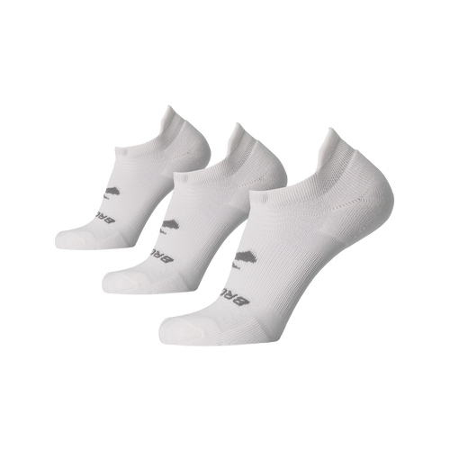 Three white Brooks Run-In no-show running socks with brand logos on clean background