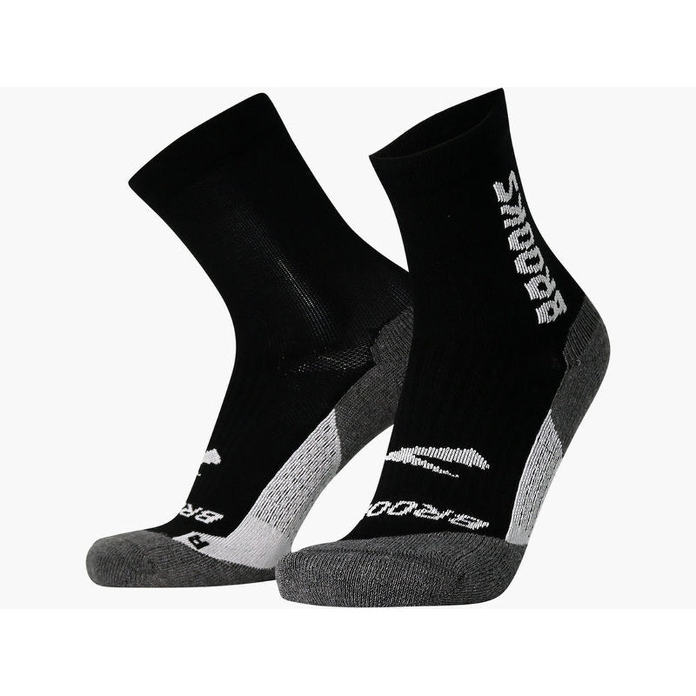 Brooks Ghost Midweight crew socks in black with gray reinforced heel and toe