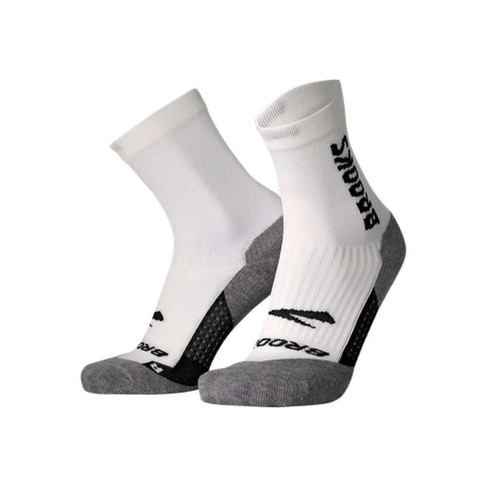 Brooks Ghost midweight crew socks in white with gray reinforced heel and toe
