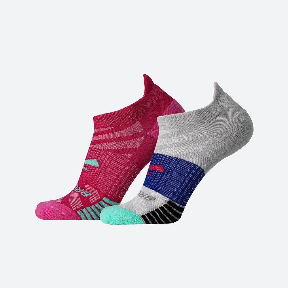 Brooks Ghost Lite no-show running socks in pink and grey colorways with striped patterns