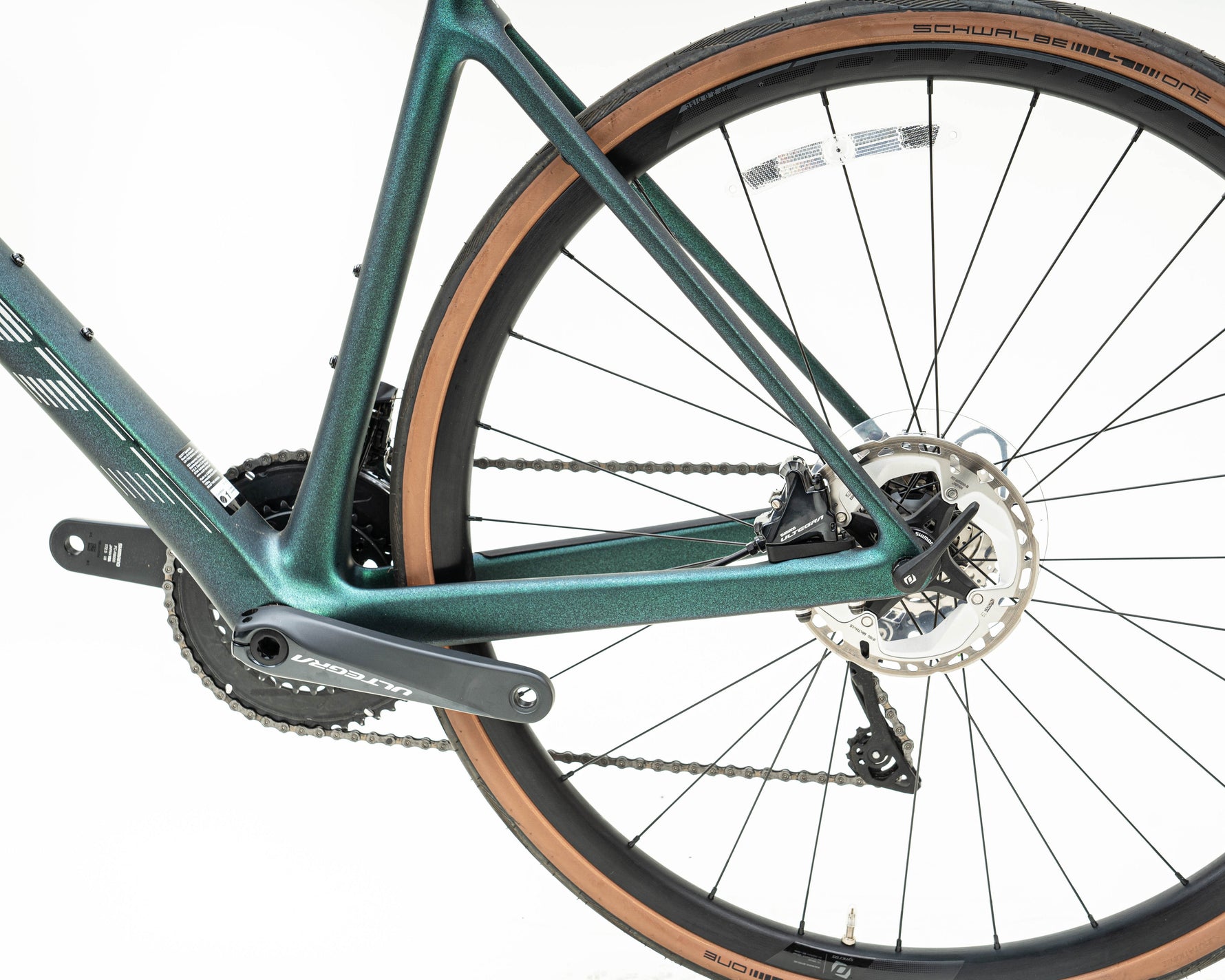 Scott Addict 20 road bike rear wheel and drivetrain detail in prism green