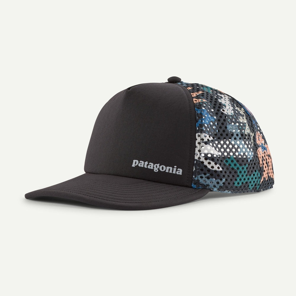 Patagonia trucker hat with black front and colorful geometric mesh back panel