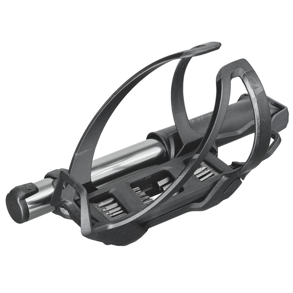 Syncros black bicycle bottle cage with metal tube and mounting hardware
