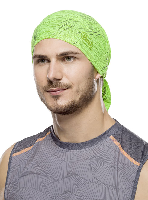 Man wearing bright lime green Buff Cool Net UV+ headwrap with heathered pattern