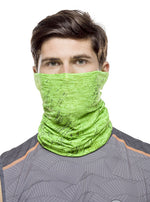 Man wearing bright lime green Buff Cool Net UV+ neck gaiter covering face