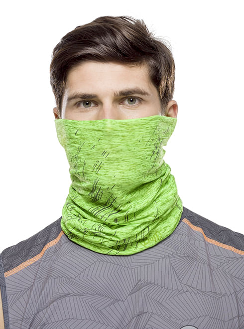 Man wearing bright lime green Buff Cool Net UV+ neck gaiter covering face