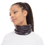 Woman wearing BUFF Cool Net UV+ neck gaiter in reflective graphite heather