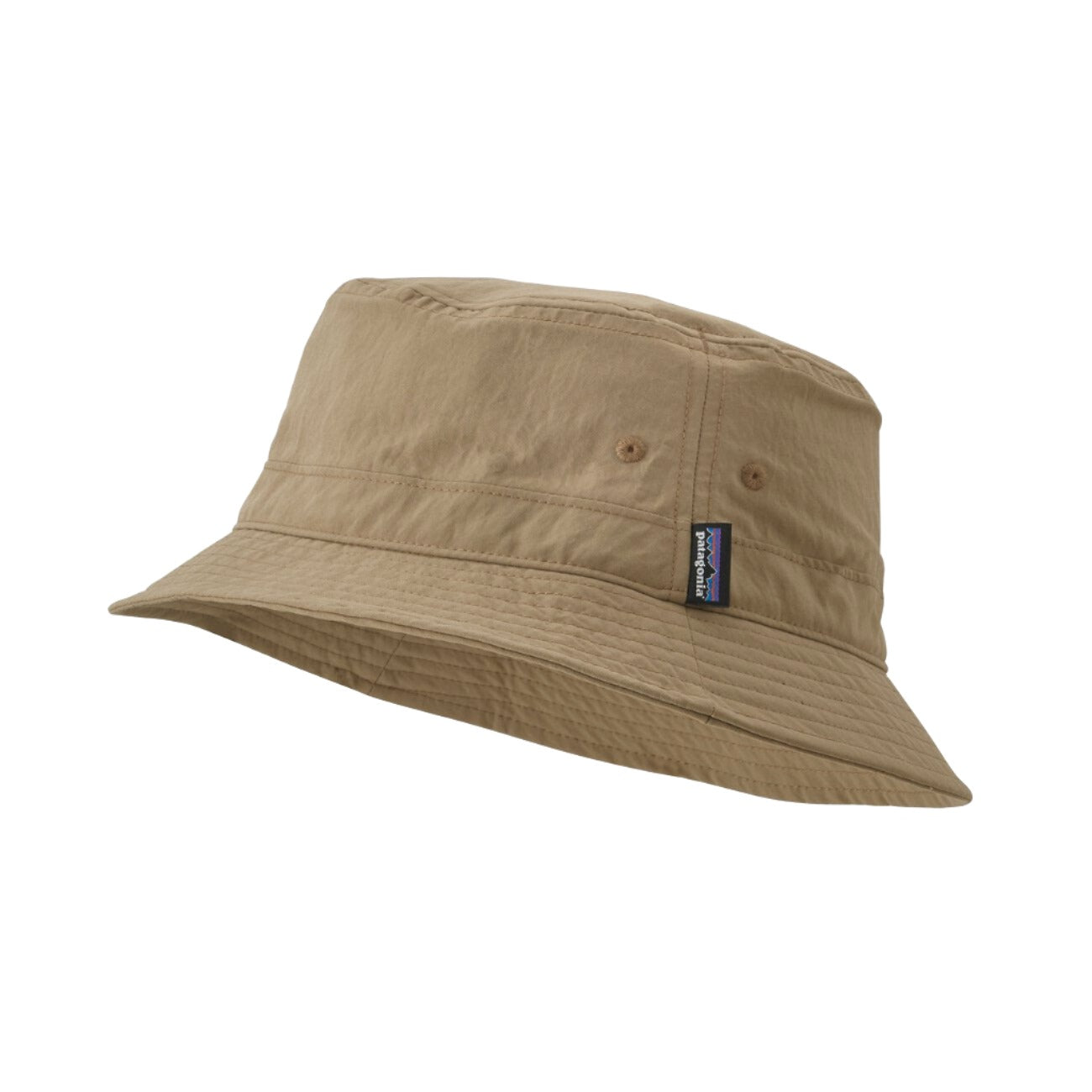 Patagonia Wavefarer Bucket Hat in Mojave Khaki with Patagonia label on clean background
