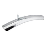 Wald #90 chrome metal bicycle fender splash guard with mounting bracket on white background