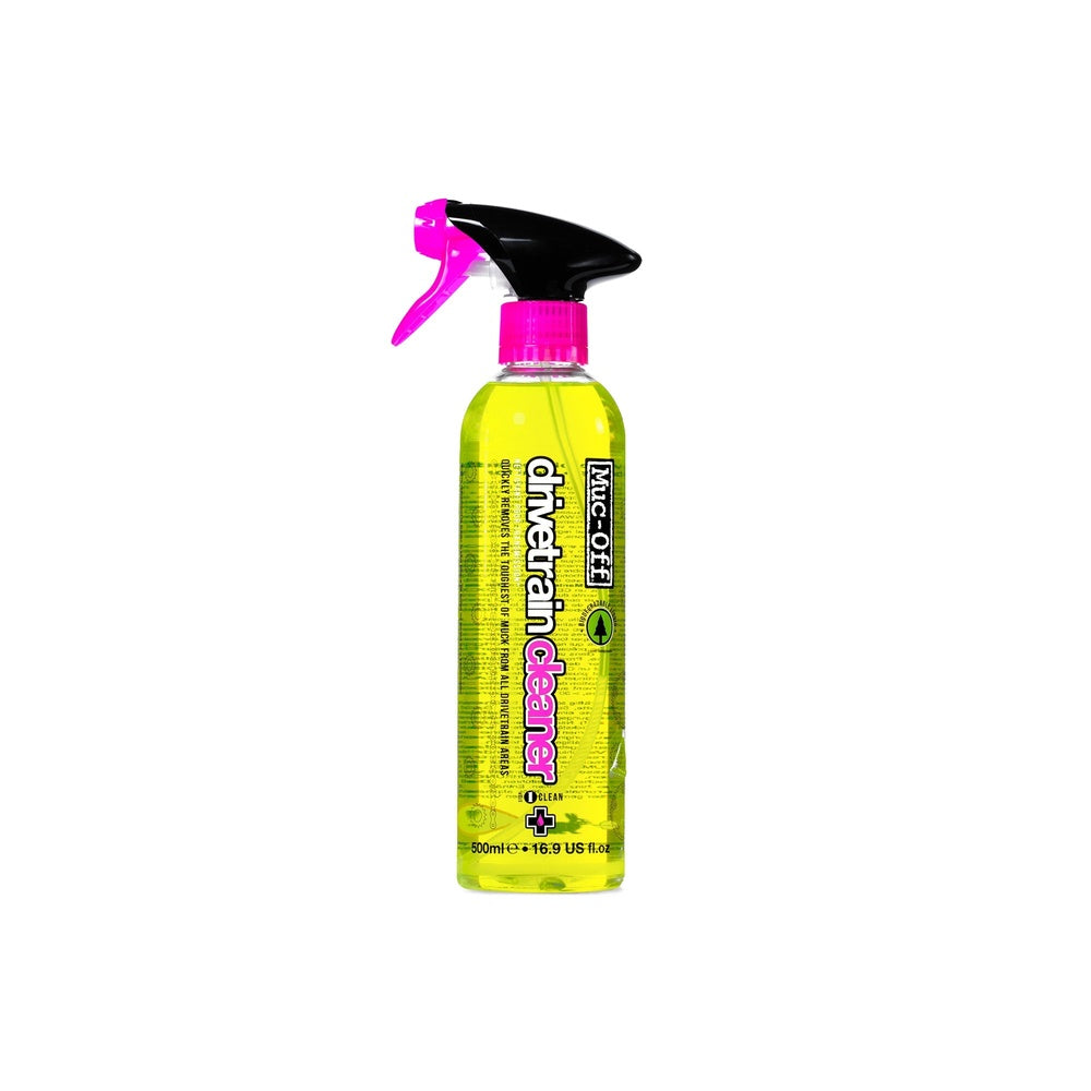 Muc-Off Drivetrain Cleaner 500ml spray bottle with yellow liquid and pink trigger