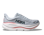 HOKA Bondi 9 women's running shoe in mineral blue with coral accents on white background