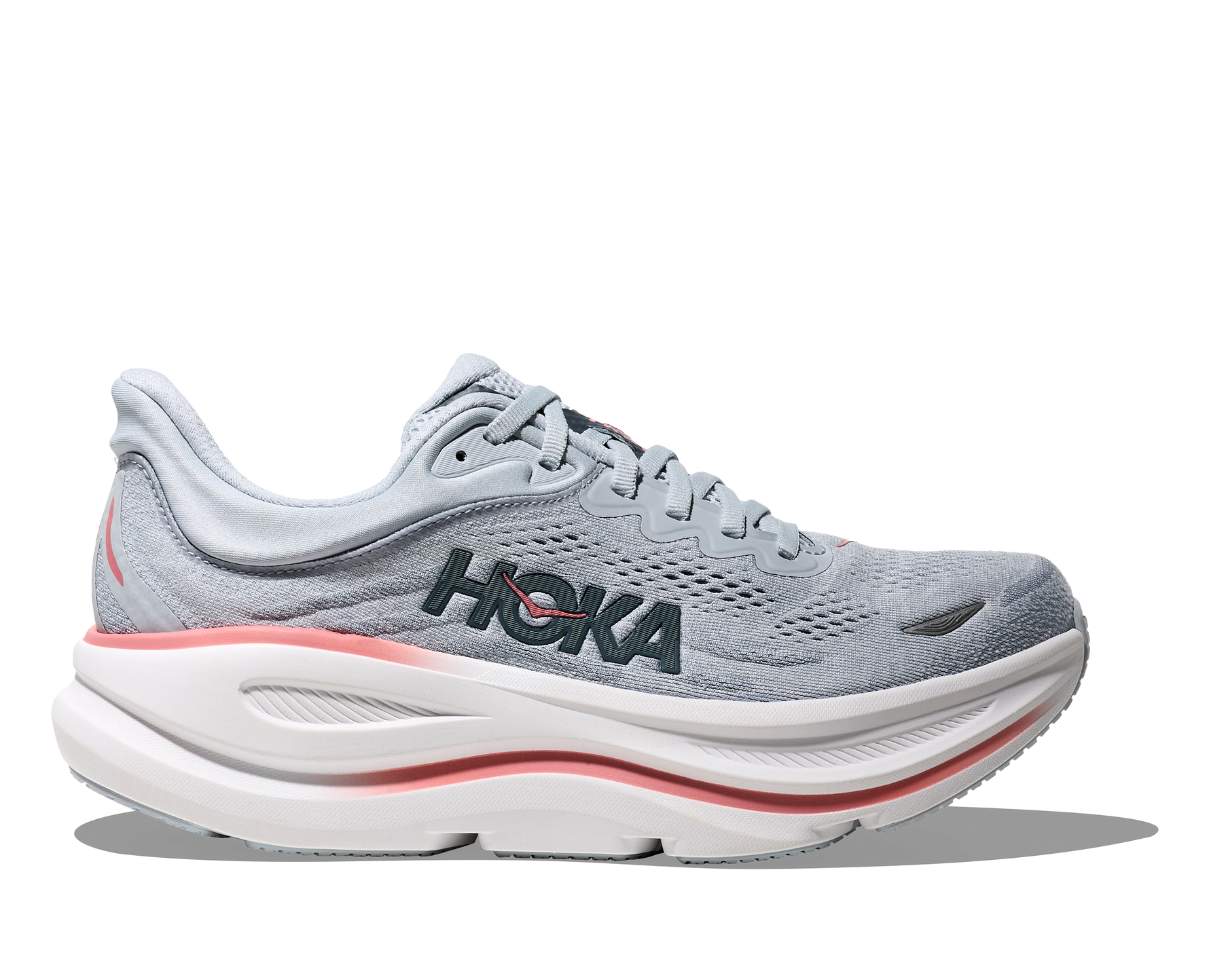 HOKA Bondi 9 women's running shoe in mineral blue with coral accents on white background