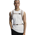 Male model wearing On Speed Pack 18L Lite backpack in cream with chest straps