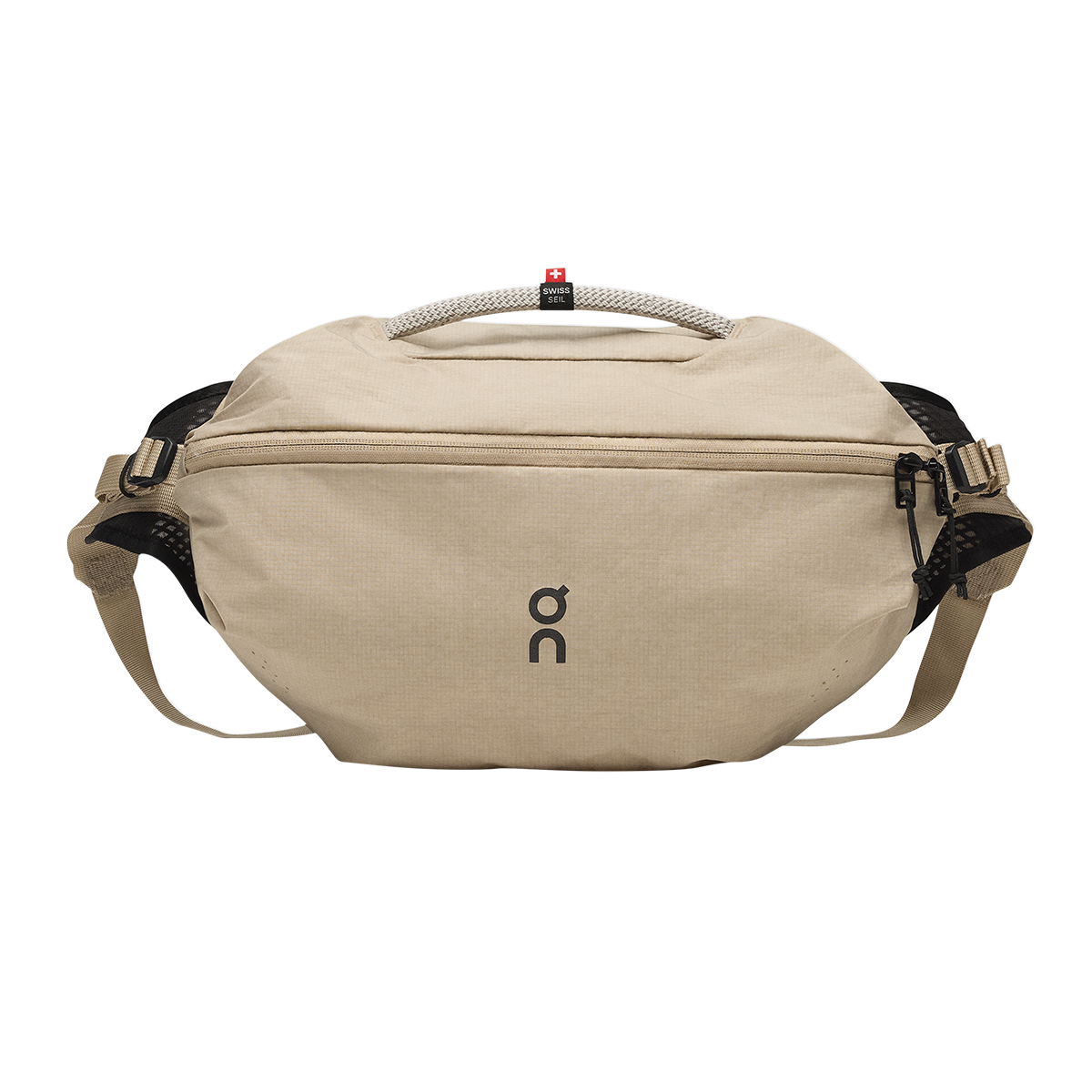 On Sling Pack 9L in biscuit beige with black straps and On logo branding