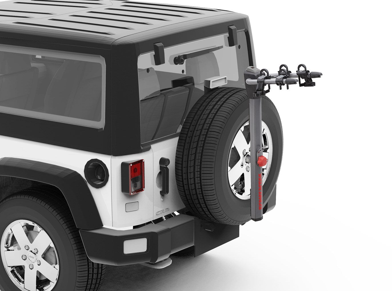 Yakima SpareRide bike rack mounted on Jeep spare tire with professional studio background