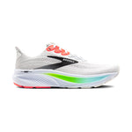 Brooks Ghost 17 men's running shoe in white with coral laces and green-blue midsole