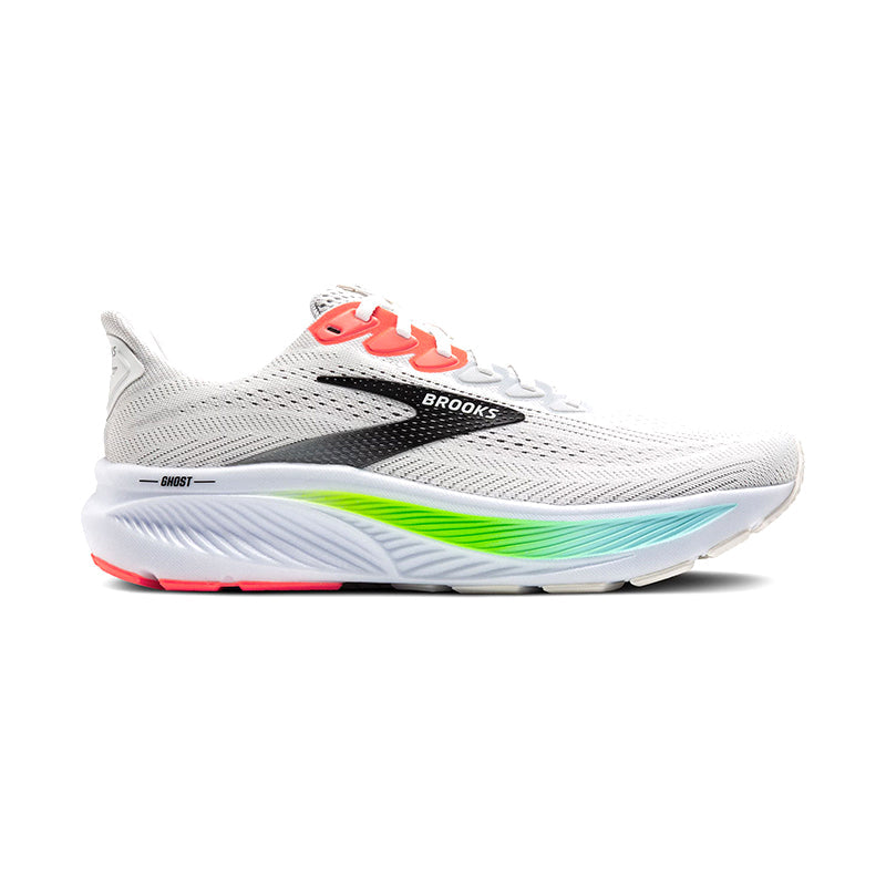 Brooks Ghost 17 men's running shoe in white with coral laces and green-blue midsole