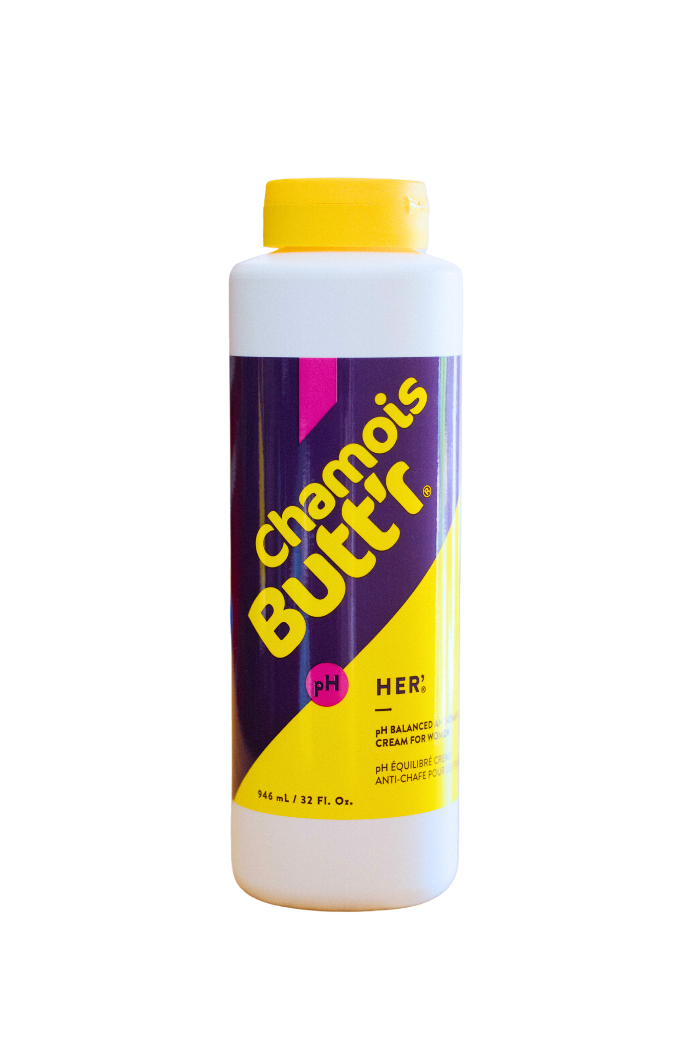 Chamois Butt'r HER anti-chafe cream bottle with colorful purple and yellow label