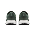On Cloud 6 running shoes in olive green colorway, rear heel view