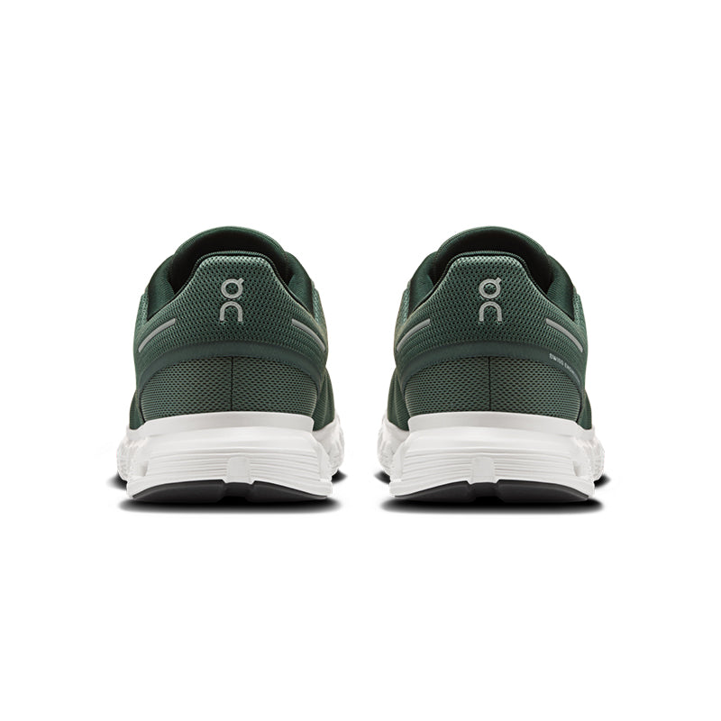 On Cloud 6 running shoes in olive green colorway, rear heel view