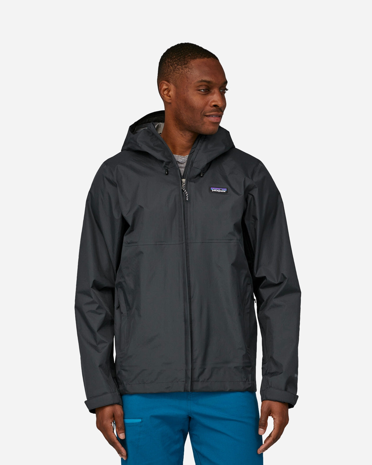 Patagonia Men's Torrentshell 3L Jacket in black worn by male model, front view