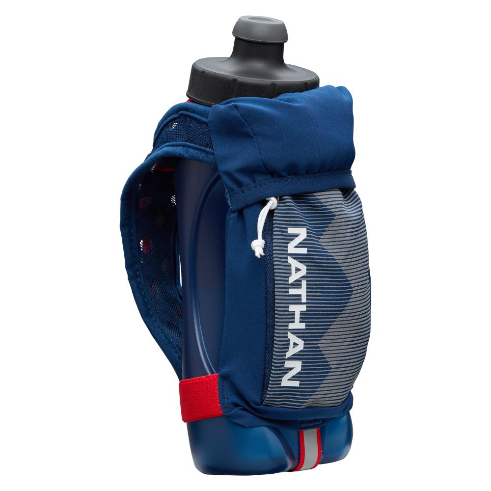 Nathan QuickSqueeze 22oz handheld water bottle in navy blue with red accents