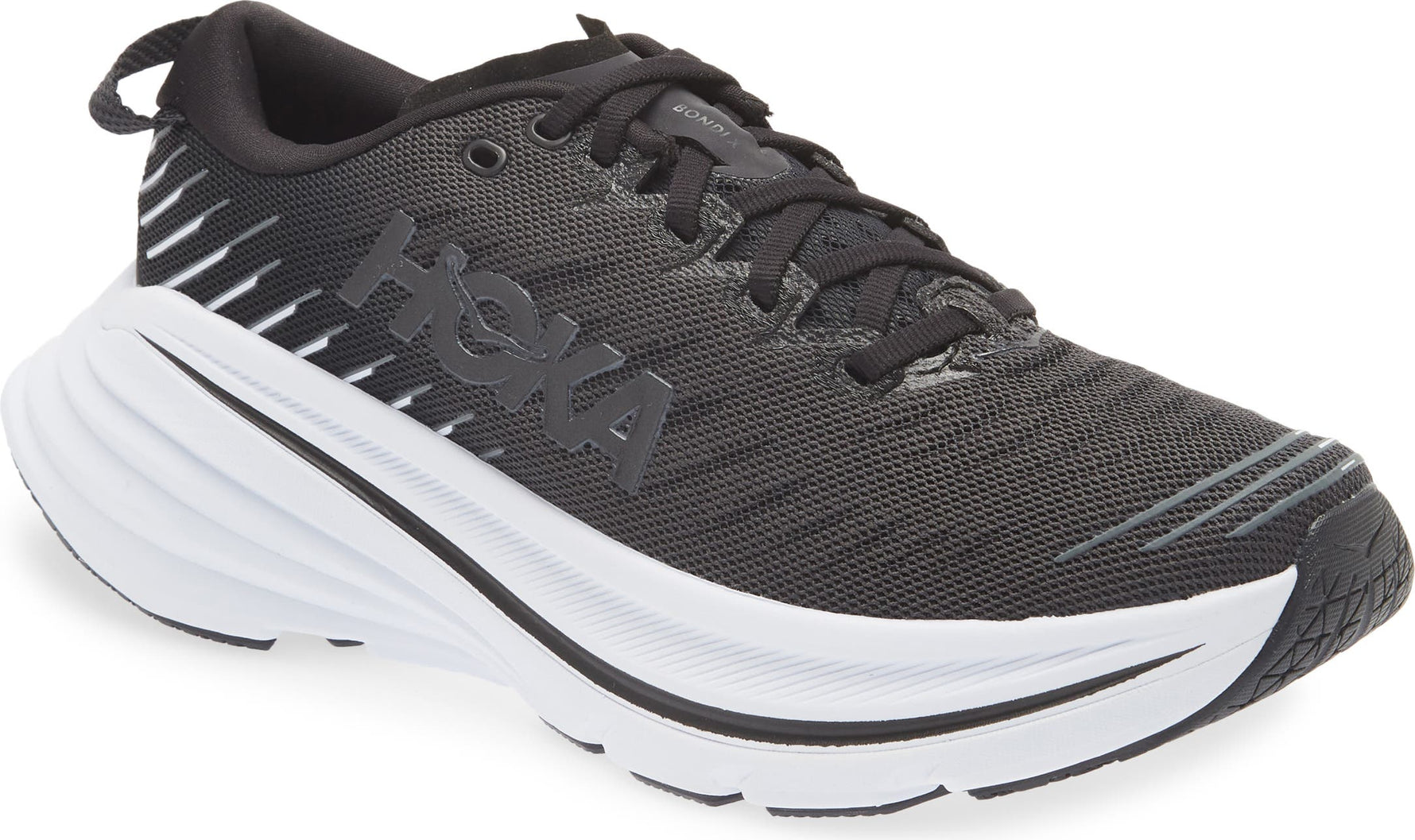 Hoka Bondi X women's running shoe in black and white colorway