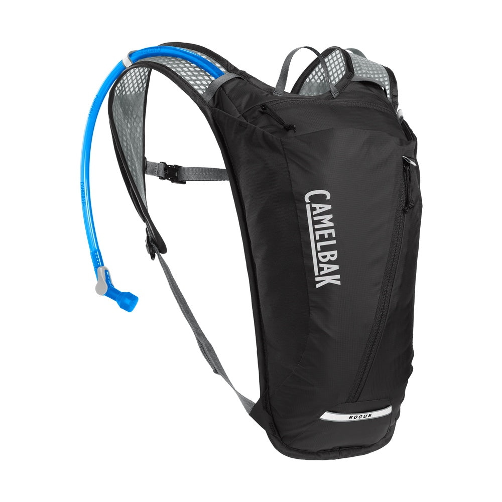 CamelBak Rogue hydration backpack in black with blue drinking tube on white background
