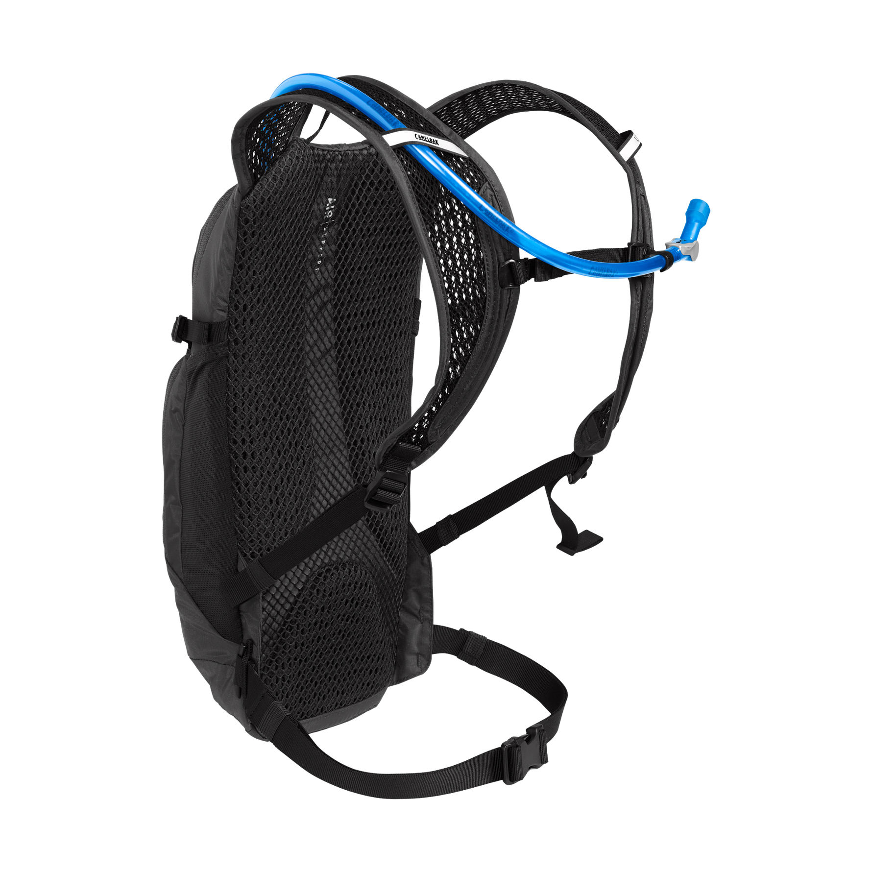 CamelBak Lobo 9 black hydration backpack with blue hydration tube on white background