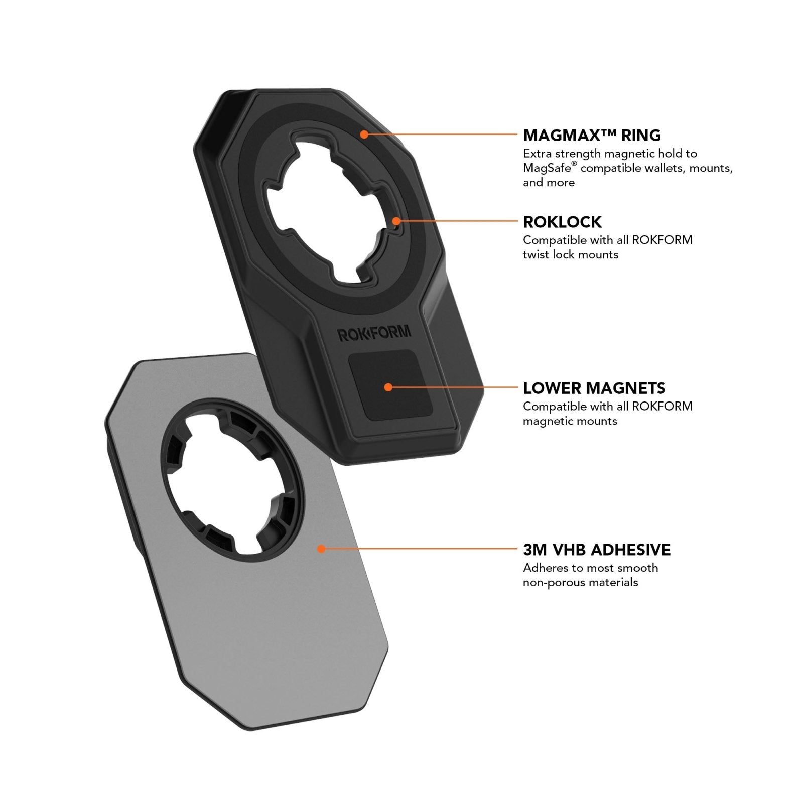 Rokform Universal Adapter showing MagMax ring, RokLock compatibility, and magnetic features