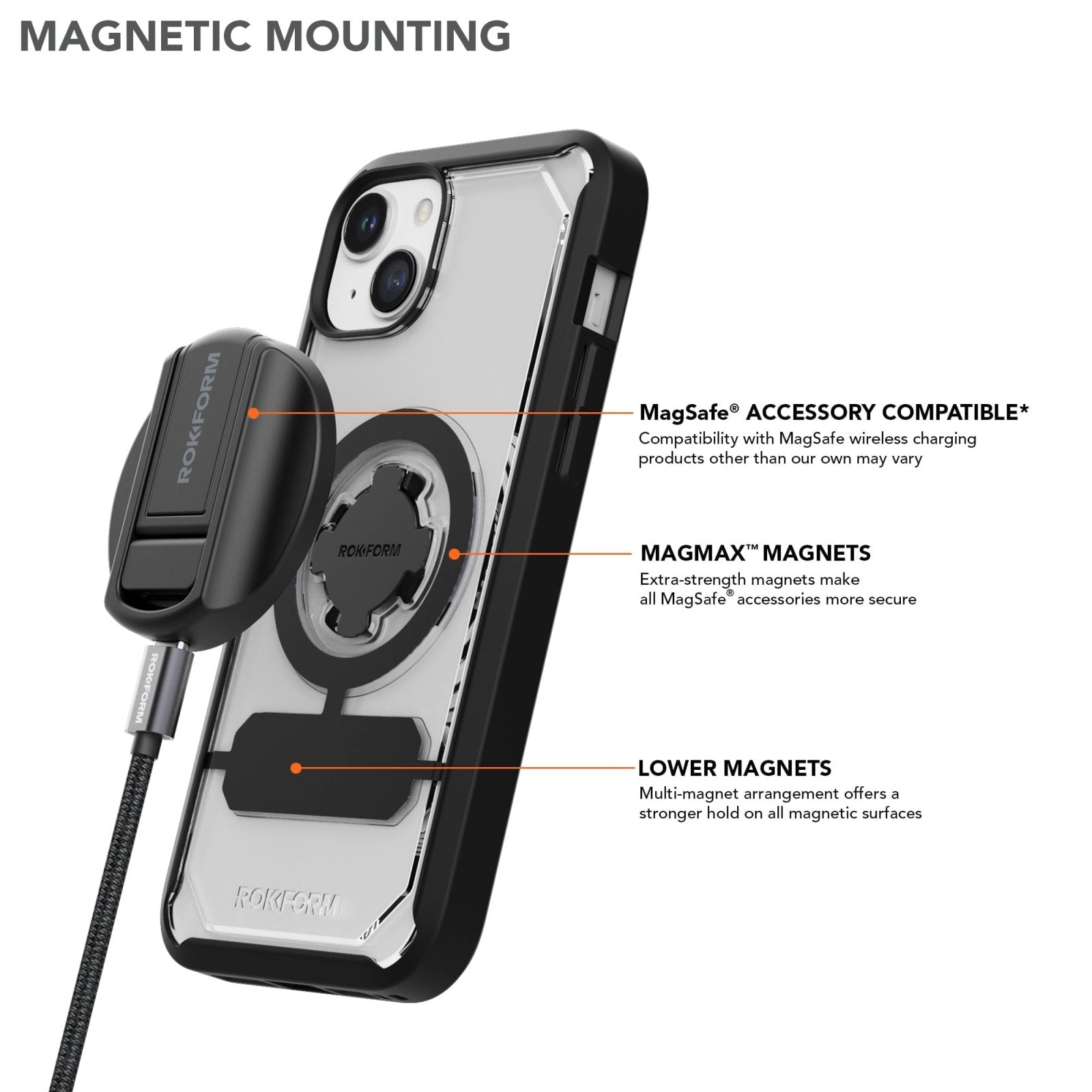 Rokform Crystal Case with magnetic mounting system and MagSafe compatibility for iPhone