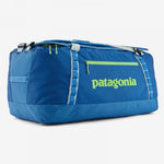Patagonia Black Hole Duffel 100L in blue with green logo and zipper accents