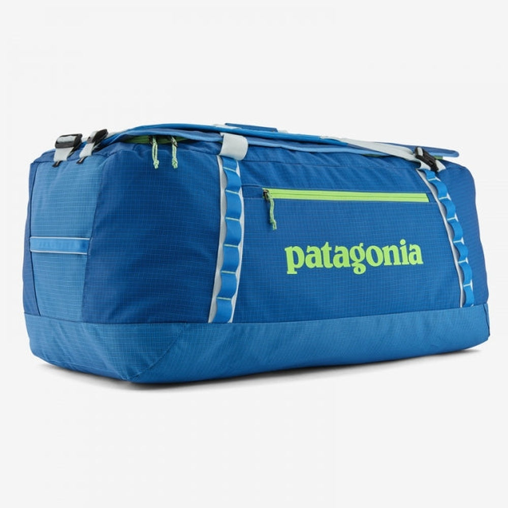 Patagonia Black Hole Duffel 100L in blue with green logo and zipper accents