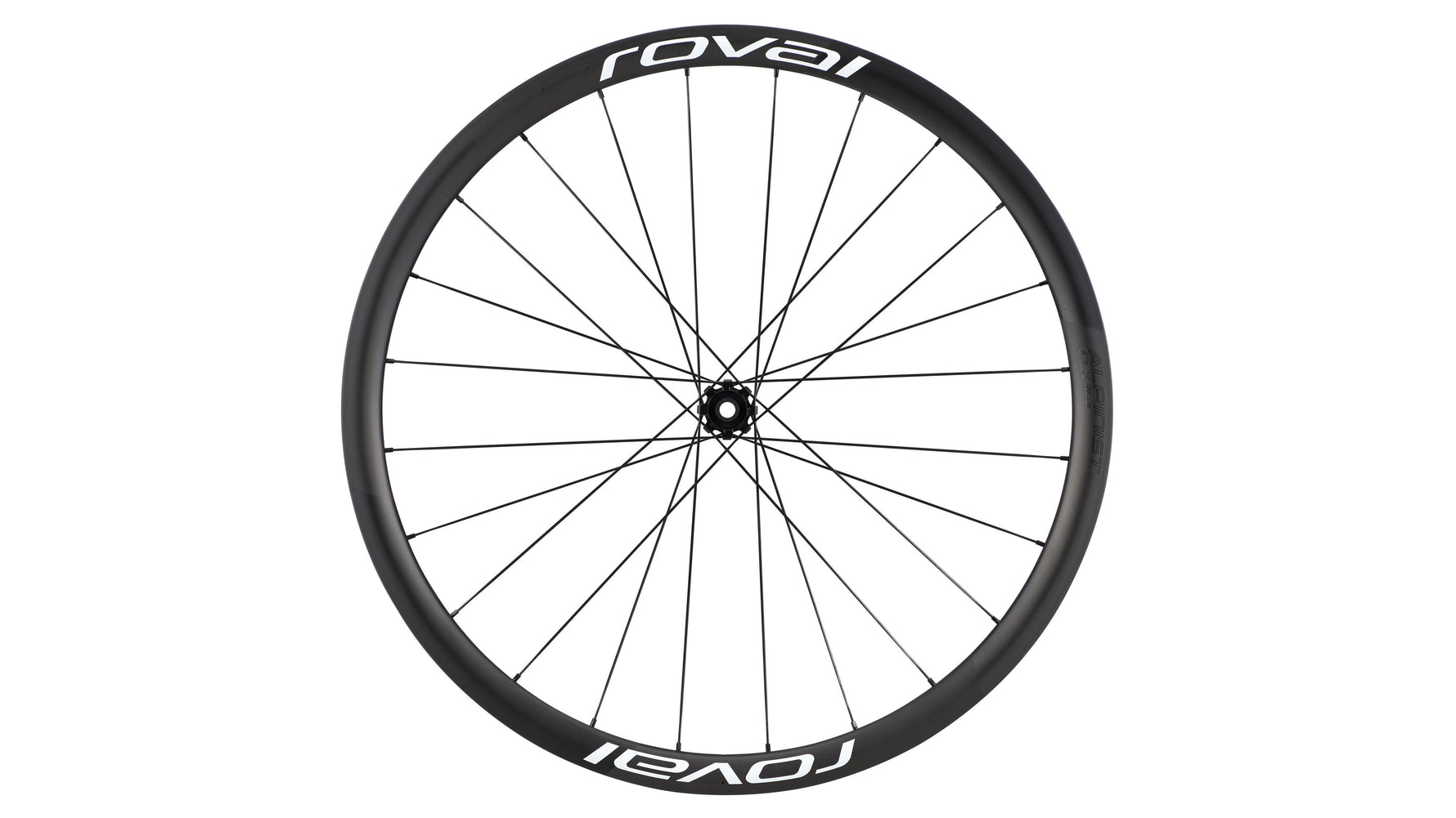 Specialized Roval carbon fiber bicycle wheel with black rim and white spokes