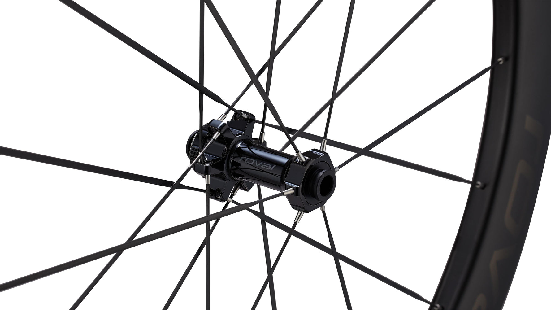Specialized Roval bicycle wheel hub with black spokes against white background