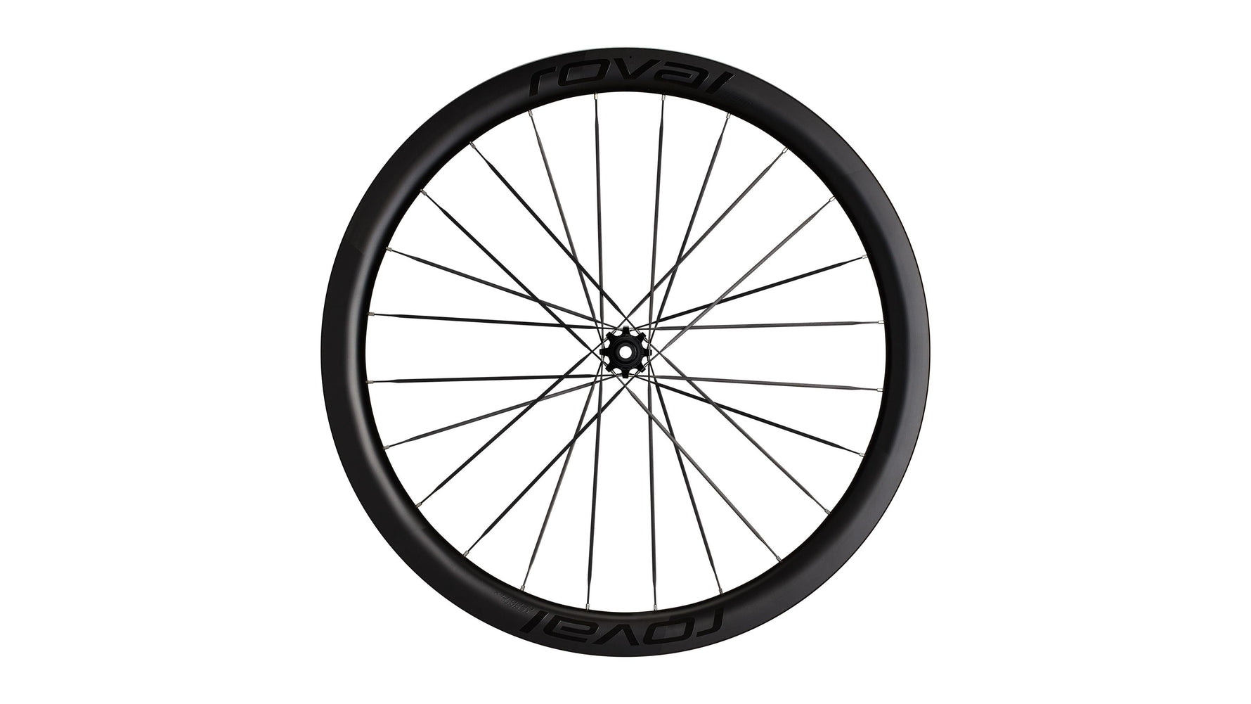 Specialized Roval carbon bike wheel with black rim and spokes on white background