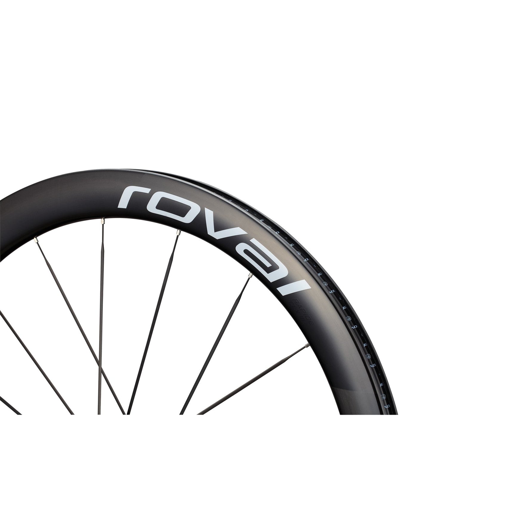 Specialized Roval carbon bicycle wheel with black rim and spokes on white background