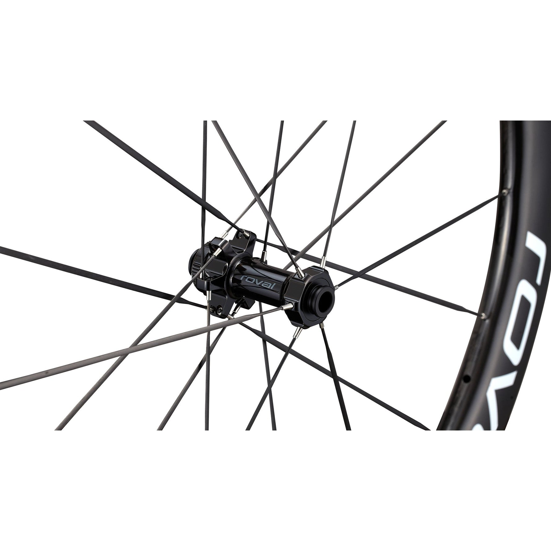 Specialized Roval rear wheel hub with black spokes on clean white background