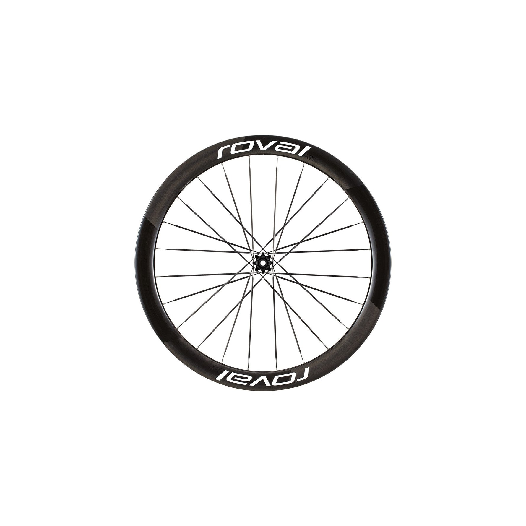 Specialized Roval carbon bicycle wheel with black rim and white spokes