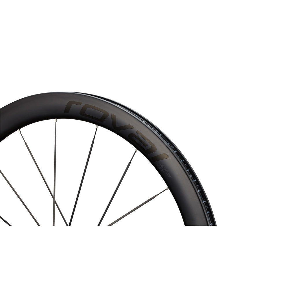 Specialized Roval carbon fiber bike wheel with black spokes on white background