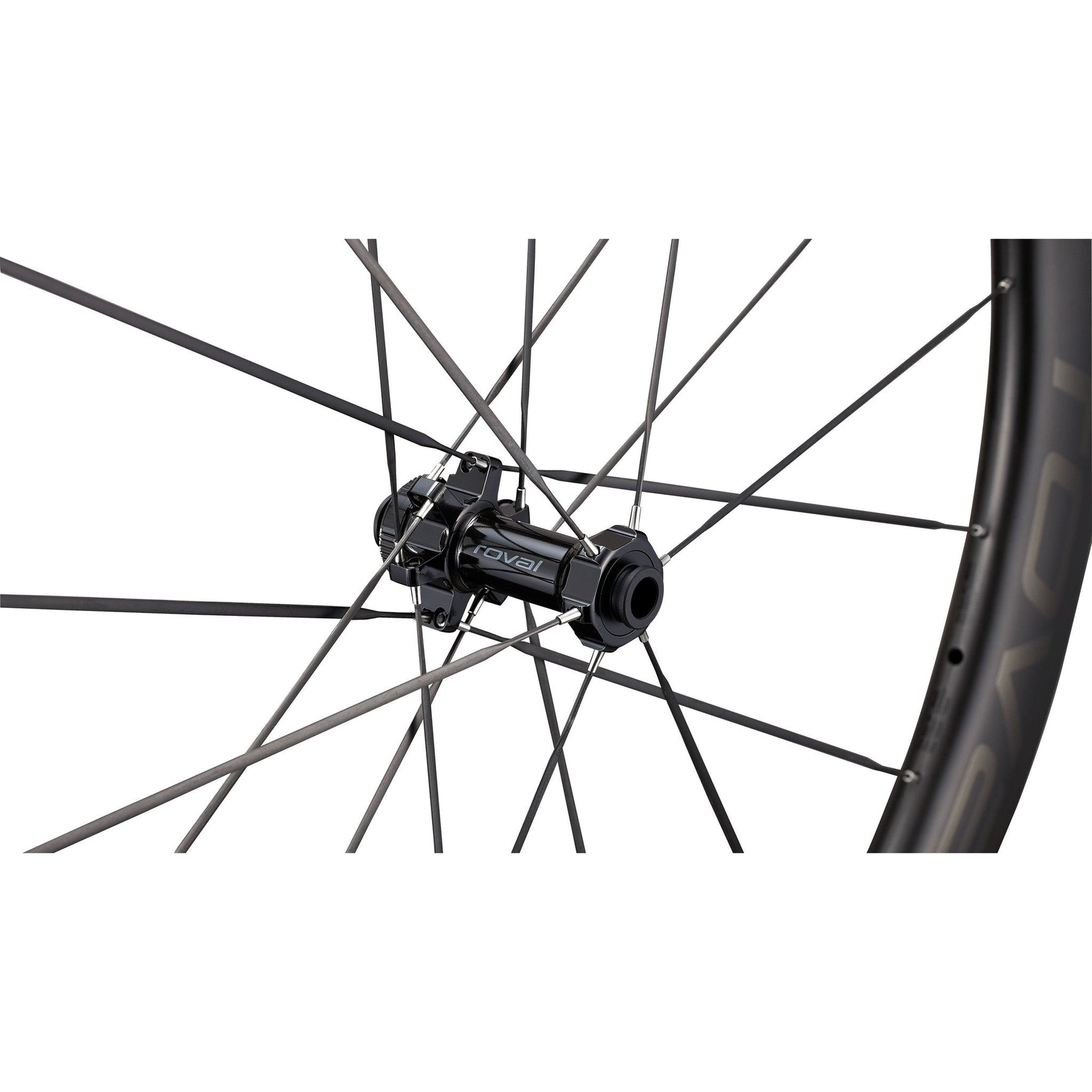Specialized Roval carbon bicycle wheel showing hub and spokes on white background