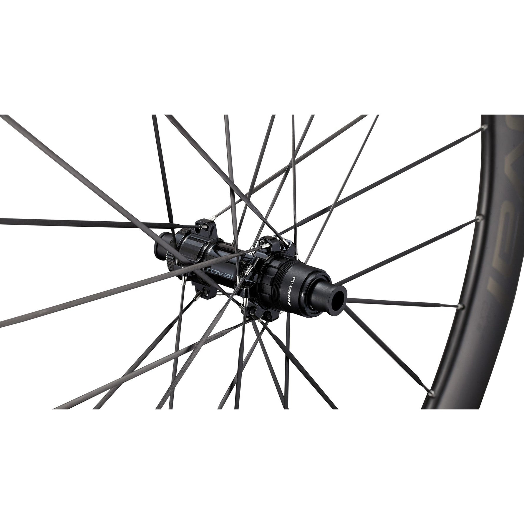 Specialized Roval bicycle wheel hub with black carbon finish and spokes